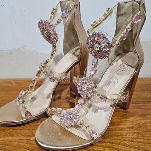 Rose Gold Rhinestone Embellished Clear Strap Block Heel Sandals